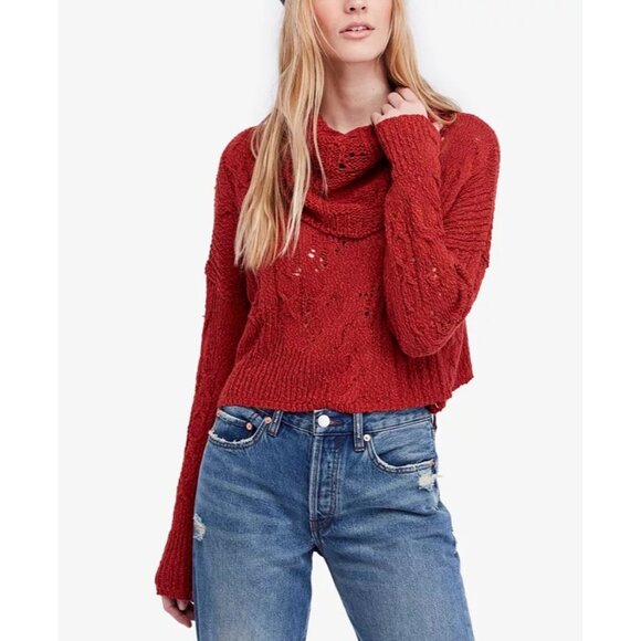 Free People Womens Oversized Cropped Knit Sweater Red Brick - Picture 1 of 12